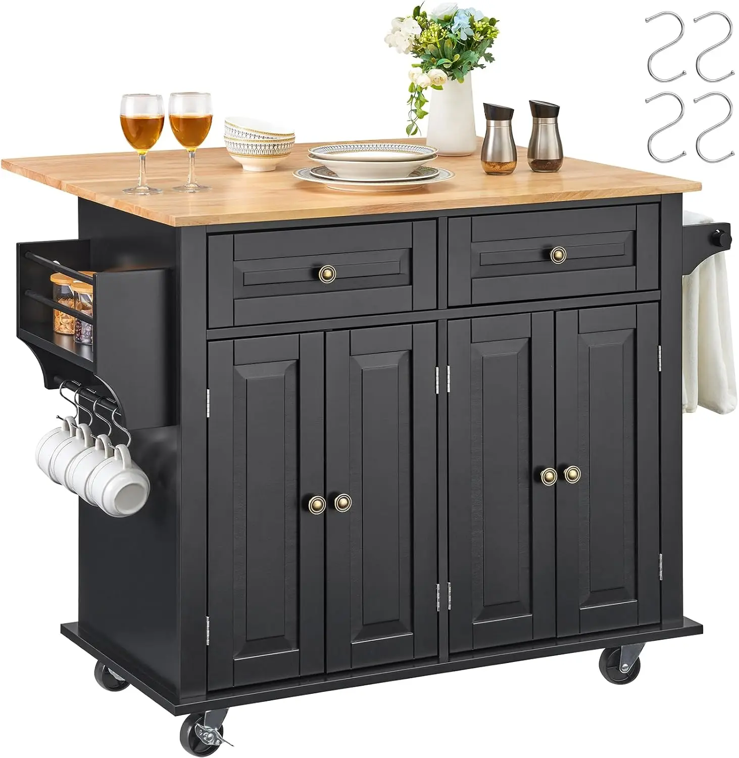 35" Mobile Kitchen Cart with Wood Top, Storage Cabinet, Drop Leaf, Spice Rack, Adjustable Shelf & Wheels in Black
35" Mobile Kitchen Cart with Wood Top, Storage Cabinet, Drop Leaf, Spice Rack, Adjustable Shelf & Wheels in Black