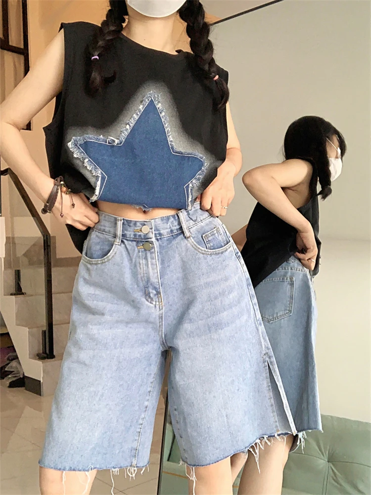 Women's Split Design Thin Blue Denim Shorts Girl Summer New Street Style Capris Female High Waist Straight Knee-length Pants
Women's Split Design Thin Blue Denim Shorts Girl Summer New Street Style Capris Female High Waist Straight Knee-length Pants