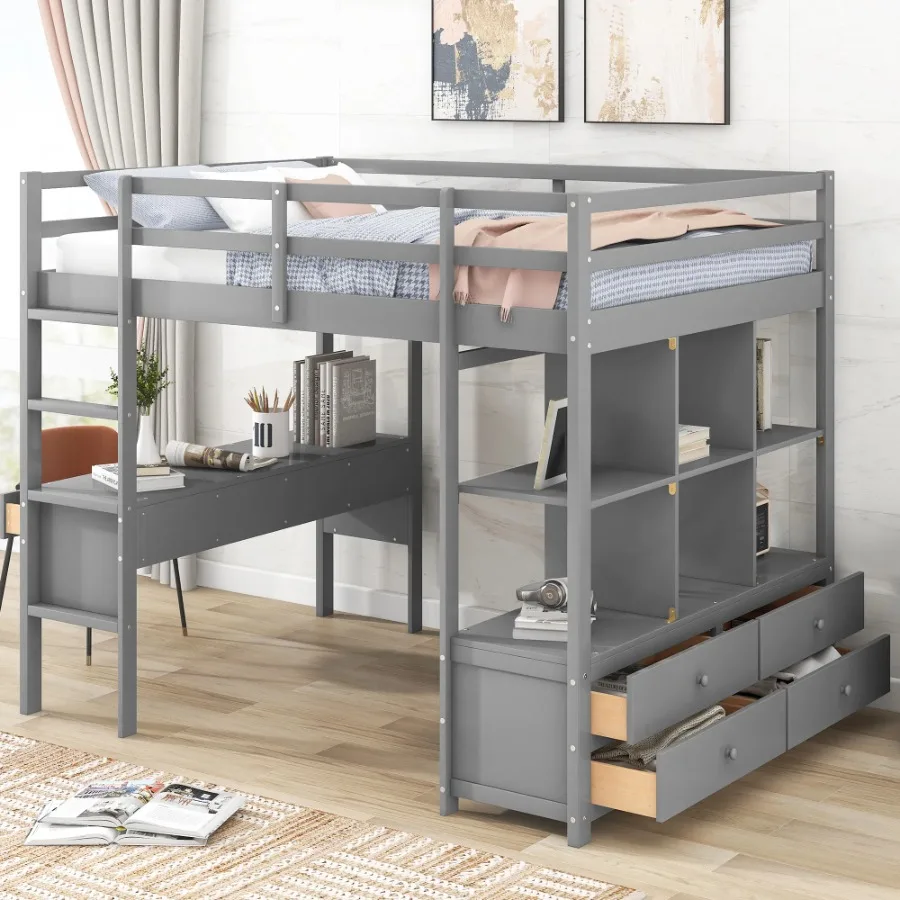 Full Size Loft Bed with Builtin Desk with Two Drawers and Storage Shelves and Drawers Gray Old SKU: GX000320AAE
Full Size Loft Bed with Builtin Desk with Two Drawers and Storage Shelves and Drawers Gray Old SKU: GX000320AAE