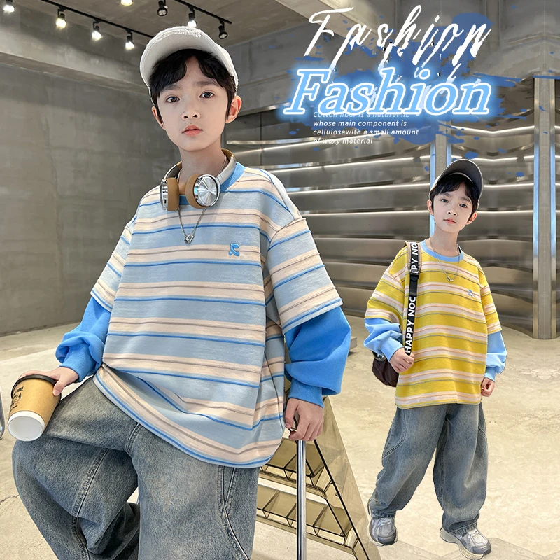Spring Autumn Children Fake Two Piece Long Sleeve Striped Sweatshirt for Tween Boys Casual Cotton Clothing Kids New Designer Top 
Spring Autumn Children Fake Two Piece Long Sleeve Striped Sweatshirt for Tween Boys Casual Cotton Clothing Kids New Designer Top
