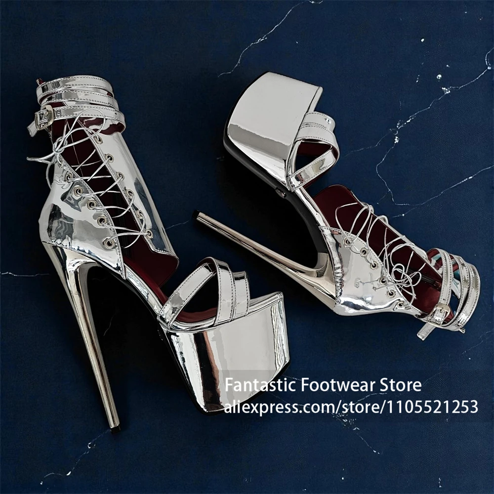 Silver Mirror Metallic Lace Up Summer Boots 19cm Super High Open Toe Red Lining Sandal Boots Ankle Cuff Platform Stiletto Heels
Silver Mirror Metallic Lace Up Summer Boots 19cm Super High Open Toe Red Lining Sandal Boots Ankle Cuff Platform Stiletto Heels