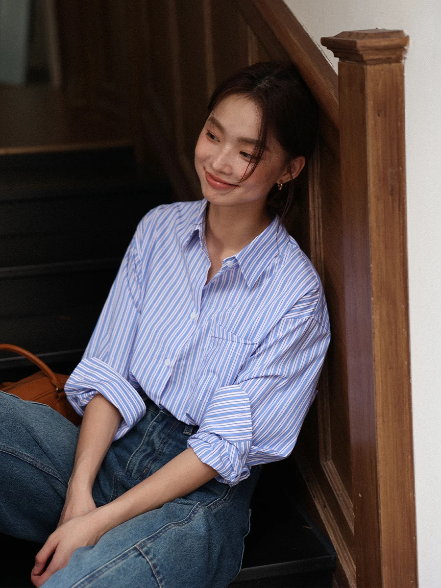 Blue Striped Women's Shirt Spring Design Casual Style Inner Wear Versatile Cotton Long Sleeve Loose Fit French Style Shirt
Blue Striped Women's Shirt Spring Design Casual Style Inner Wear Versatile Cotton Long Sleeve Loose Fit French Style Shirt