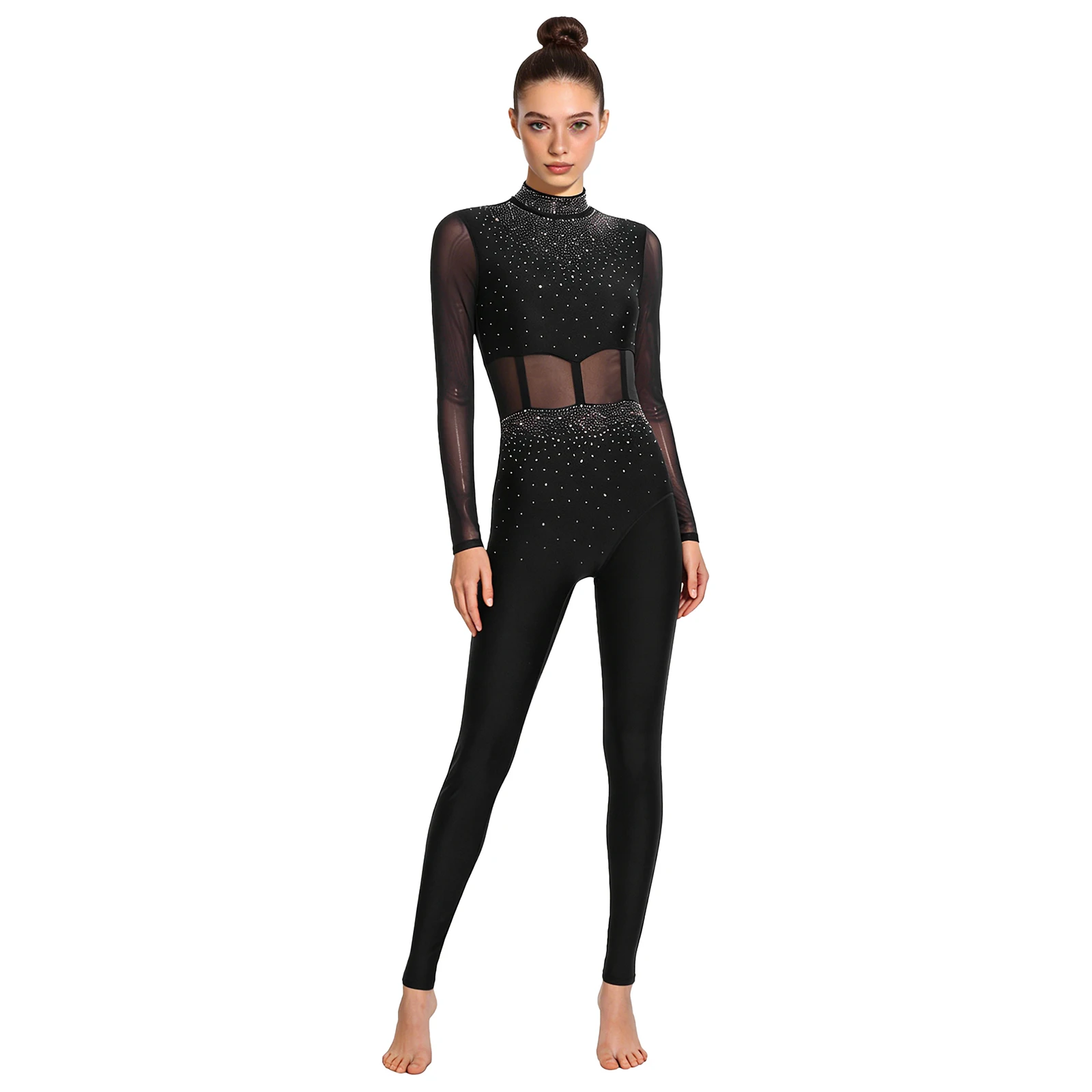 Womens Gymnastics Unitard Bodysuit Rhinestone Sheer Mesh Patchwork Cutout Back Full-body Jumpsuit for Figure Skating Performance
Womens Gymnastics Unitard Bodysuit Rhinestone Sheer Mesh Patchwork Cutout Back Full-body Jumpsuit for Figure Skating Performance