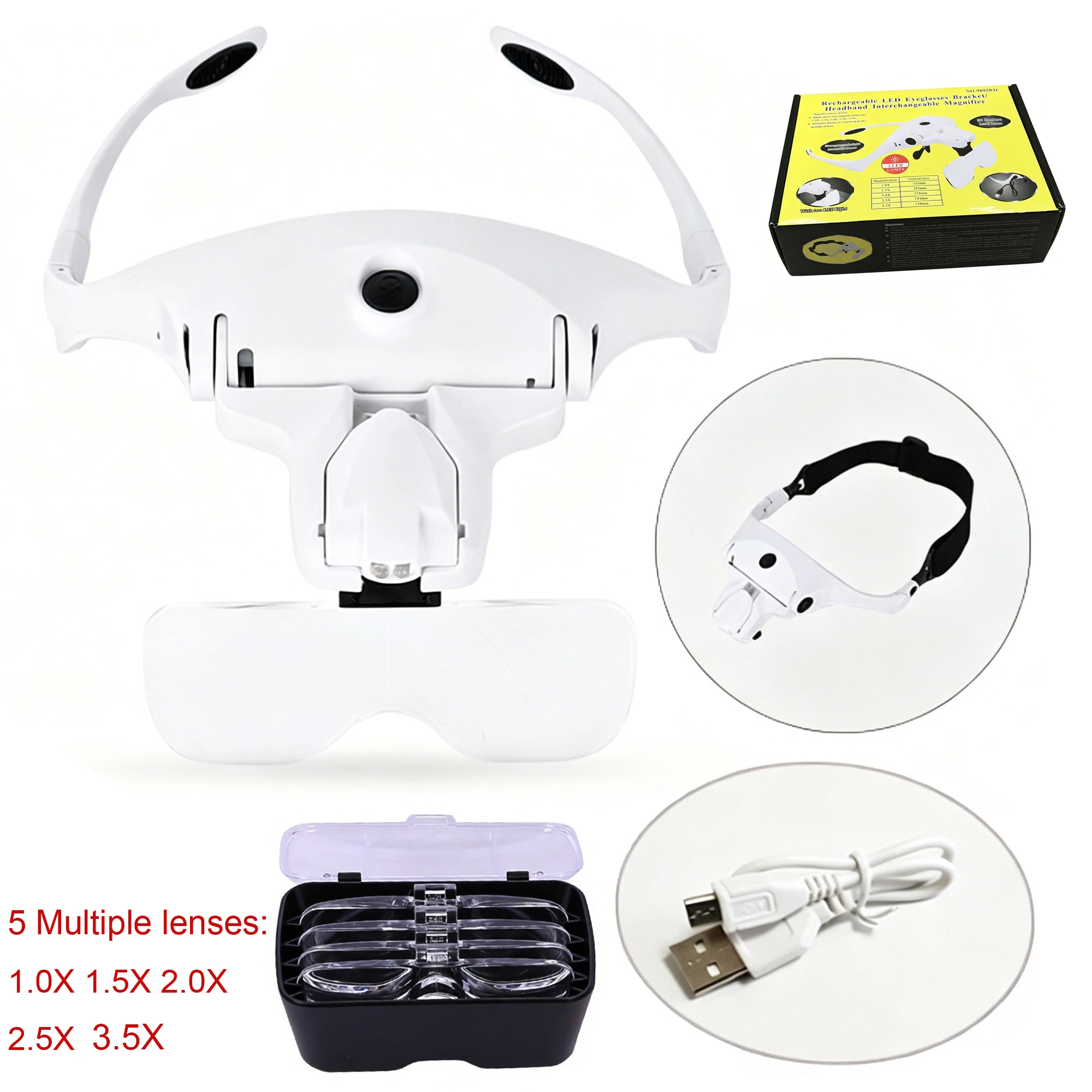 Rechargeable Headband Magnifying Glass LED Head Magnifier Jeweler Adjustable Headband Magnifier Luope for Watch Repair Jewelry