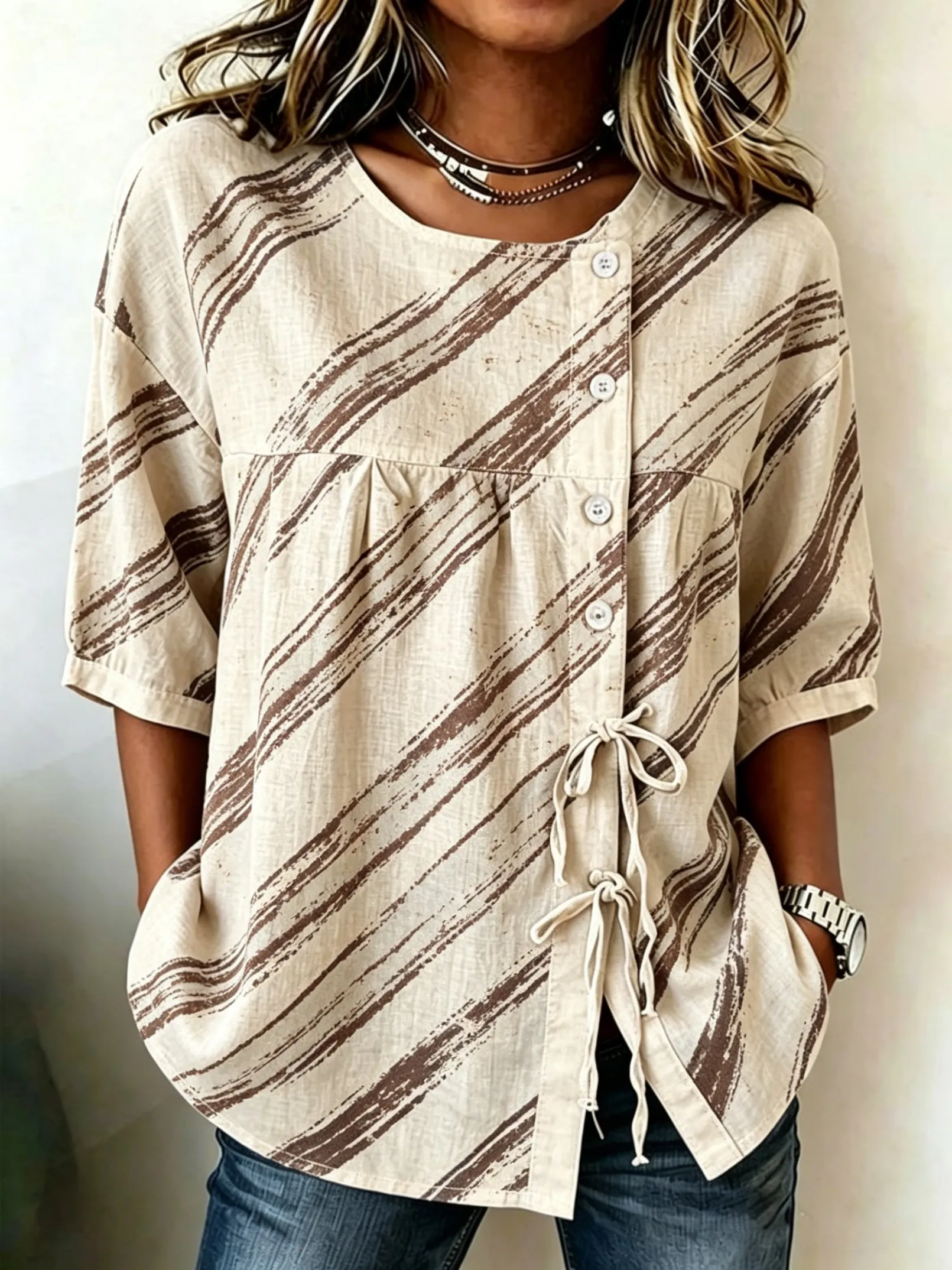 Women's Beige & Brown Brushstroke Diagonal Stripe Print Button Tie Front Blouse, Casual Stylish Top for Spring Summer Daily Wear
Women's Beige & Brown Brushstroke Diagonal Stripe Print Button Tie Front Blouse, Casual Stylish Top for Spring Summer Daily Wear