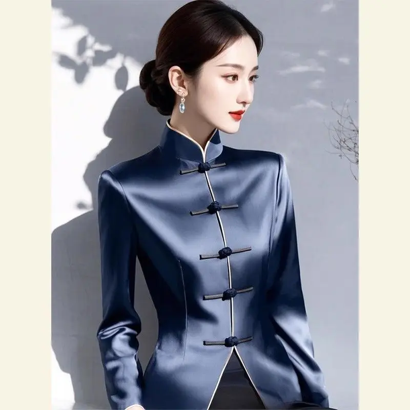 2025 Spring Fall Women Chinese Style Women Patchwork Imitation Silk Navy Top T Shirt , Woman Vintage Tops Shirts
2025 Spring Fall Women Chinese Style Women Patchwork Imitation Silk Navy Top T Shirt , Woman Vintage Tops Shirts