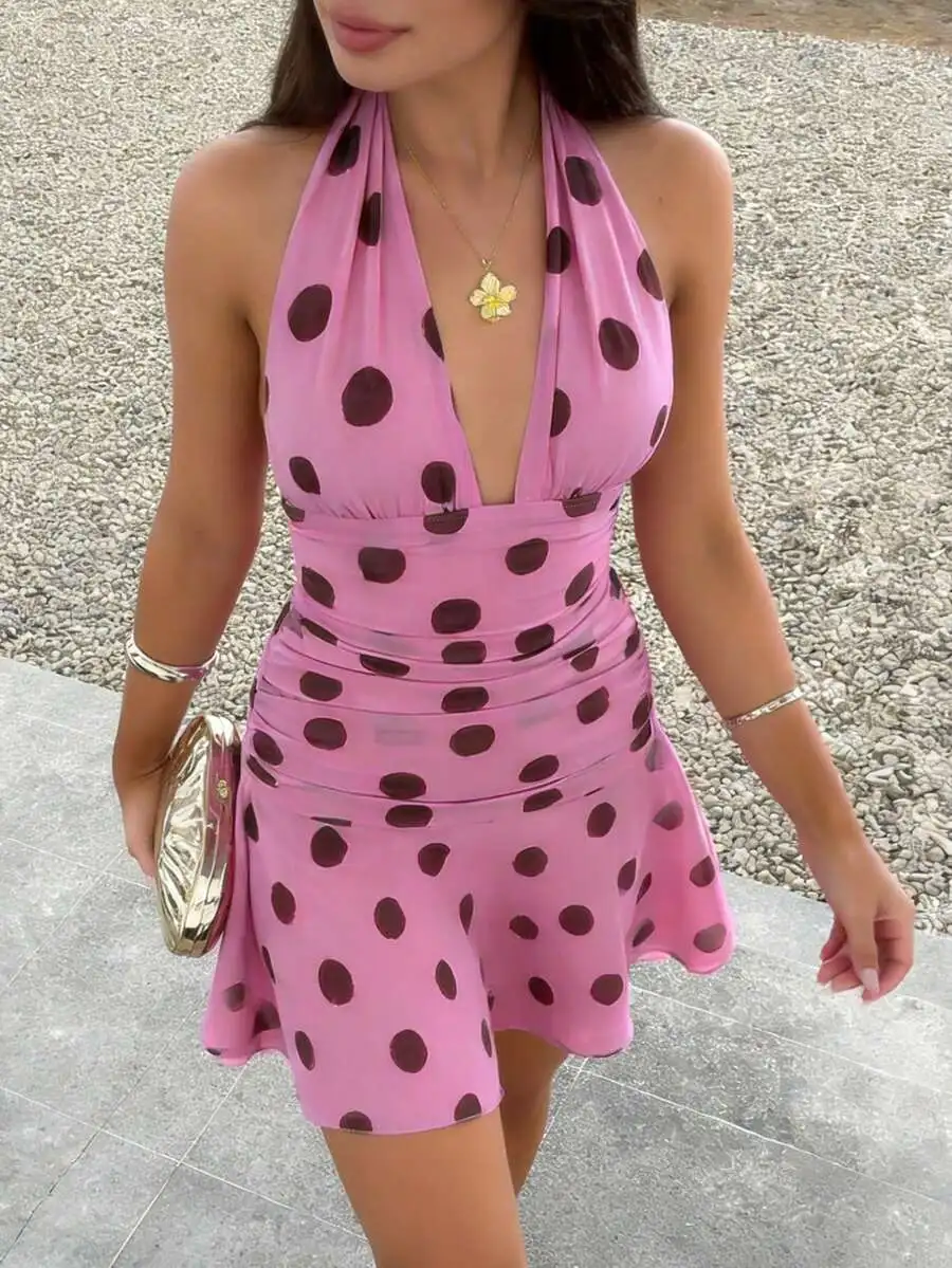 Pink Polka Dot Halter Neck Mini Dress For Vacation
Pink Polka Dot Halter Neck Mini Dress For Vacation