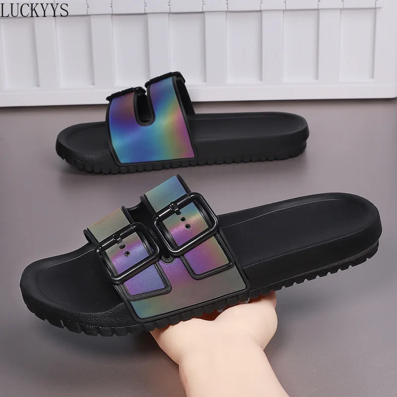 Men's Casual Buckle Flat Heel Cover Wearing One Size Slippers, Beach Slippers Double Belt Boken Laser Reflective Gradual Change
Men's Casual Buckle Flat Heel Cover Wearing One Size Slippers, Beach Slippers Double Belt Boken Laser Reflective Gradual Change