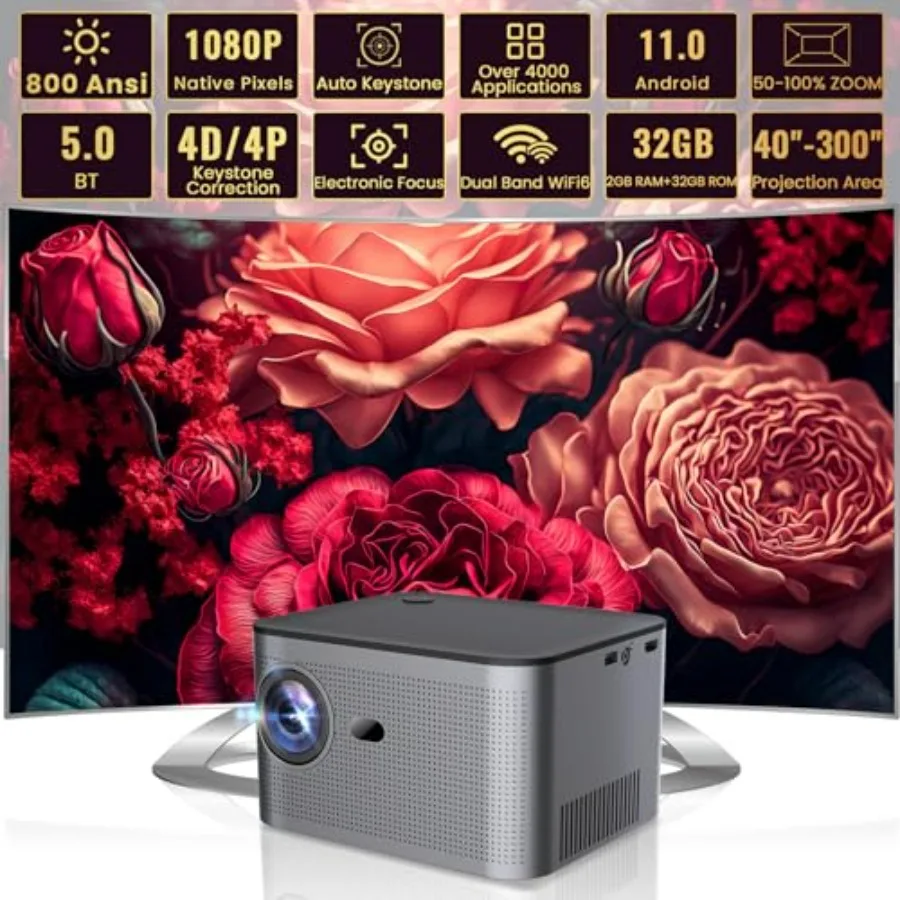 Native 1080P 4K Full HD Projector with 800 ANSI Lumens 18000 Lumens Brightness Bluetooth 5.0 WiFi 6 Built-in Android 11.0 OS Su
Native 1080P 4K Full HD Projector with 800 ANSI Lumens 18000 Lumens Brightness Bluetooth 5.0 WiFi 6 Built-in Android 11.0 OS Su
