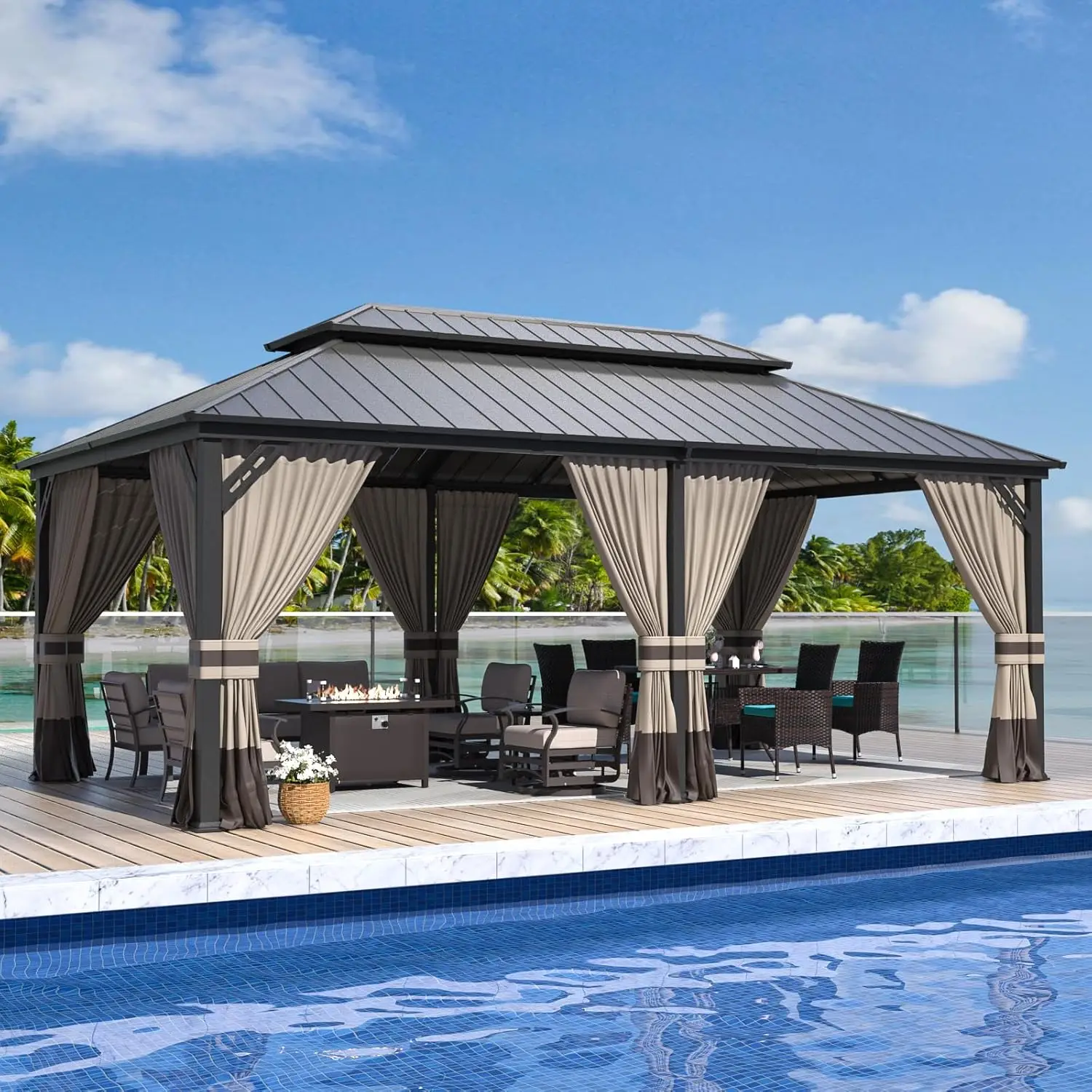 12'x20' Hardtop Gazebo, Outdoor Double Roof Canopy with Netting and Curtains, Galvanized Metal Frame, Sunshade for Patio
12'x20' Hardtop Gazebo, Outdoor Double Roof Canopy with Netting and Curtains, Galvanized Metal Frame, Sunshade for Patio
