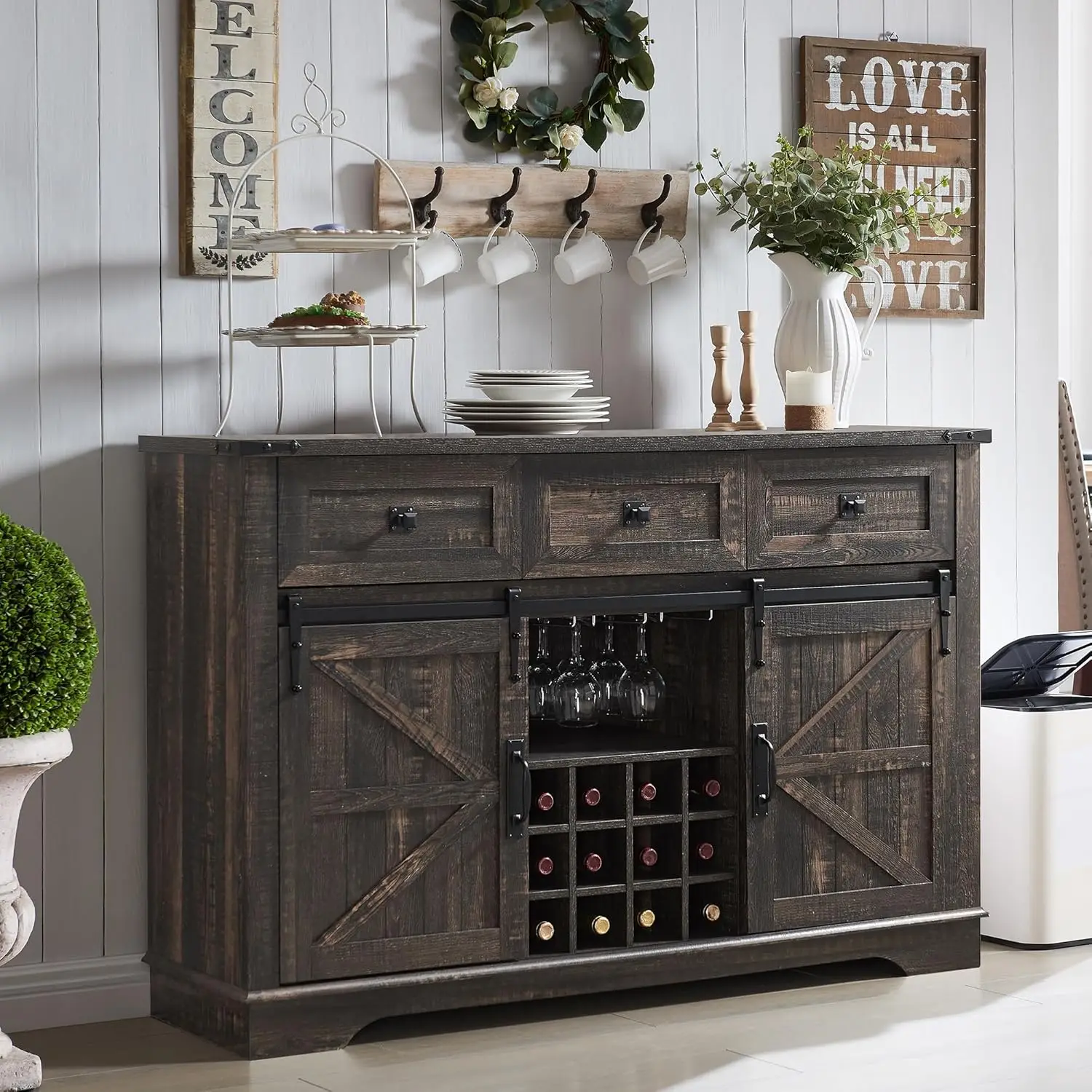 Farmhouse Wine Bar Cabinet w/Sliding Barn Door, 54" Kitchen Coffee Bar Cabinet w/Wine & Glass Rack, Storage Shelves, 3 Drawe
Farmhouse Wine Bar Cabinet w/Sliding Barn Door, 54" Kitchen Coffee Bar Cabinet w/Wine & Glass Rack, Storage Shelves, 3 Drawe