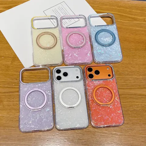 Custodia per telefono con glitter a conchiglia di lusso alla moda con anello magnetico Protezione per fotocamera con diamanti Custodia MagSafe per iPhone 17 16 15 14 13