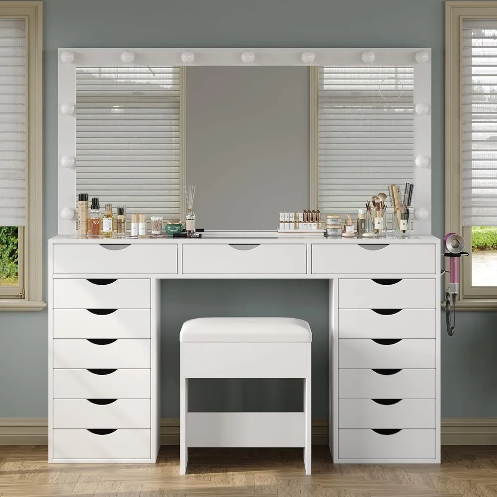 15 Drawers Vanity Desk with Power Outlet, with Mirror and 13 LED Lights, 3 Color Lighting Modes,Brightness Adjustable,Vanity Set
15 Drawers Vanity Desk with Power Outlet, with Mirror and 13 LED Lights, 3 Color Lighting Modes,Brightness Adjustable,Vanity Set