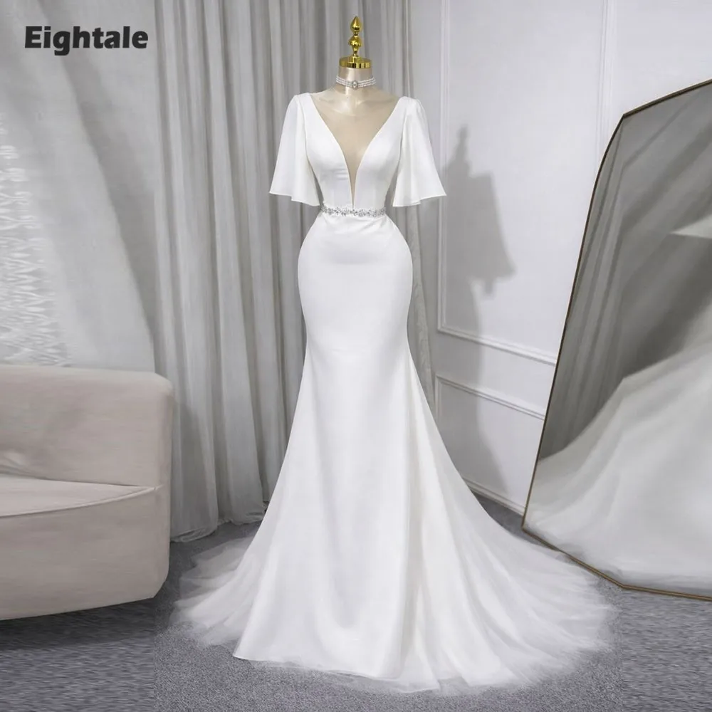 Eightale Arabic Wedding Dress Customized Ivory O-Neck Bridal Gown Short Sleeves Muslim Beaded Mermaid Bride Party Dress
Eightale Arabic Wedding Dress Customized Ivory O-Neck Bridal Gown Short Sleeves Muslim Beaded Mermaid Bride Party Dress