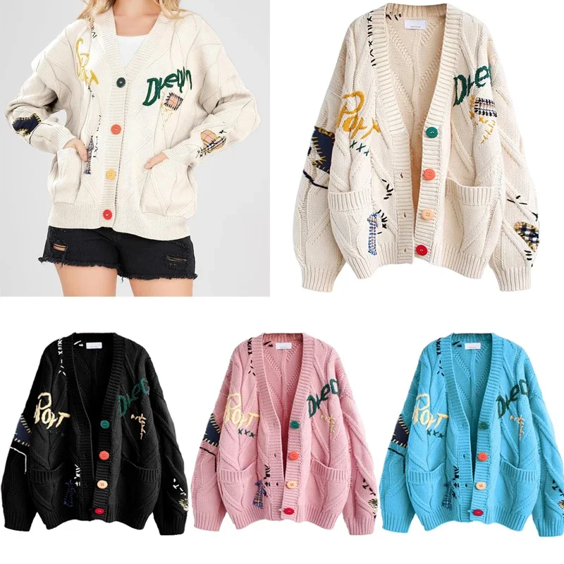Women Cable Knit Long Sleeve Open Front Cardigan V-Neck Button Down Embroidery Loose Ladies Sweater Spring Autumn Clothes
Women Cable Knit Long Sleeve Open Front Cardigan V-Neck Button Down Embroidery Loose Ladies Sweater Spring Autumn Clothes