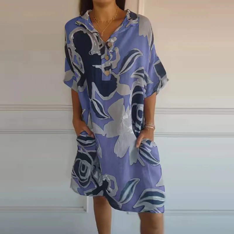 Women's Cotton and Linen Pattern Printed Party Dress Spring Lapel Neck Button Office Dress Summer Half Sleeve Pocket Femme Dress
Women's Cotton and Linen Pattern Printed Party Dress Spring Lapel Neck Button Office Dress Summer Half Sleeve Pocket Femme Dress