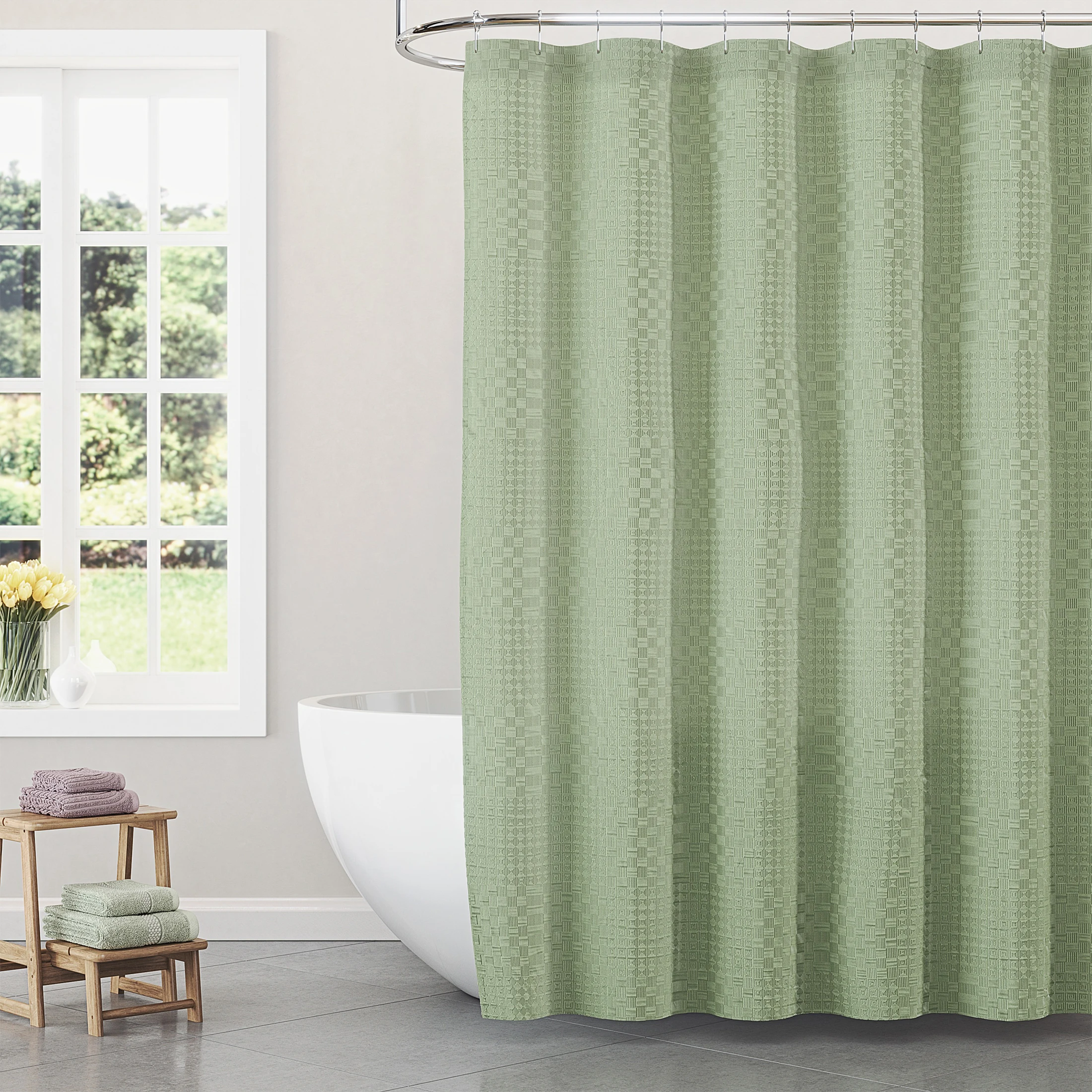 Elegant sage green checkered matelassé shower curtain 72 inches by 72 inches
Elegant sage green checkered matelassé shower curtain 72 inches by 72 inches