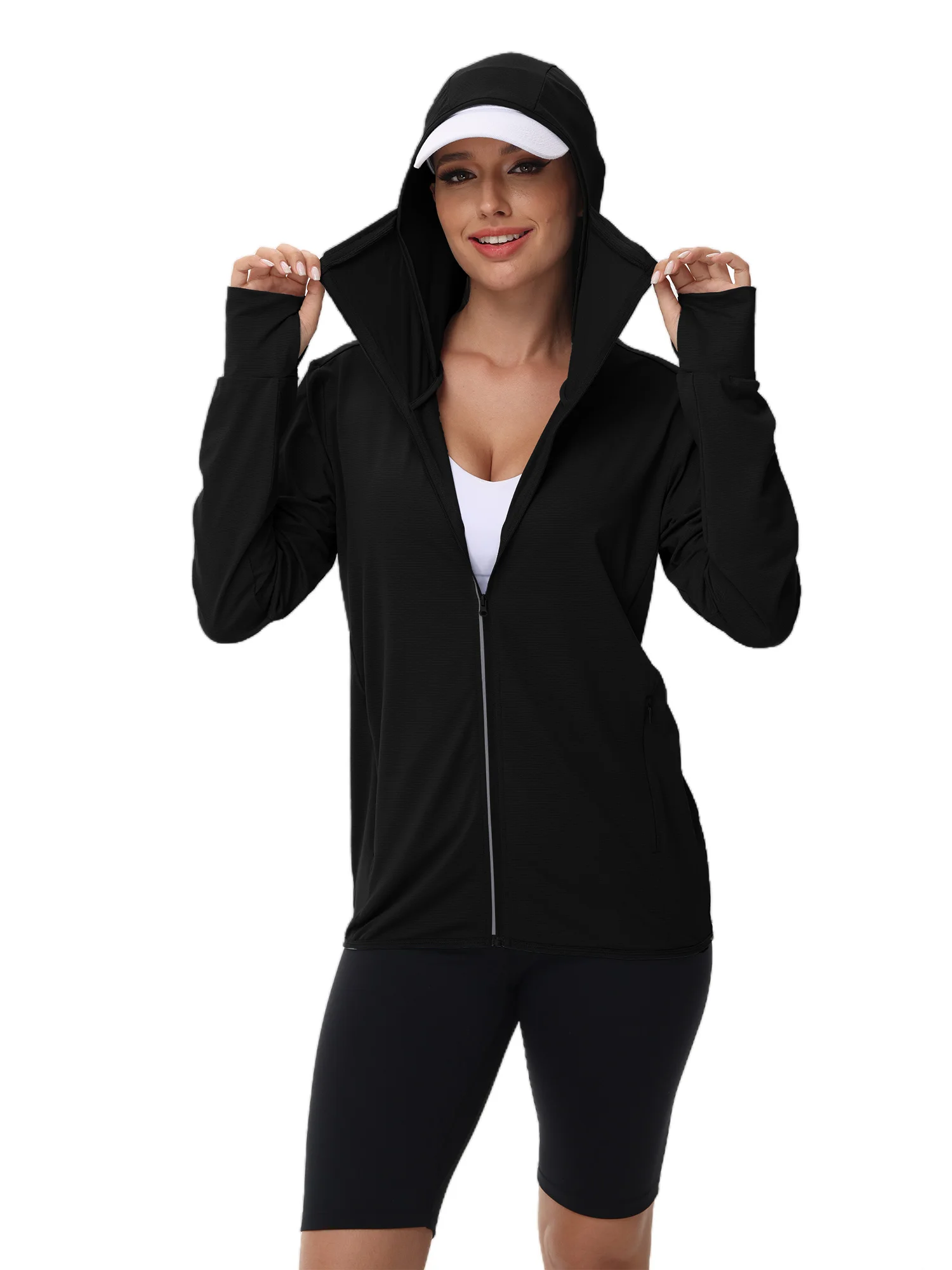 Женская уличная модная куртка с капюшоном, защита от солнца, молния, несколько карманов, удобная ткань, универсальные многоцветные варианты
Женская уличная модная куртка с капюшоном, защита от солнца, молния, несколько карманов, удобная ткань, универсальные многоцветные варианты