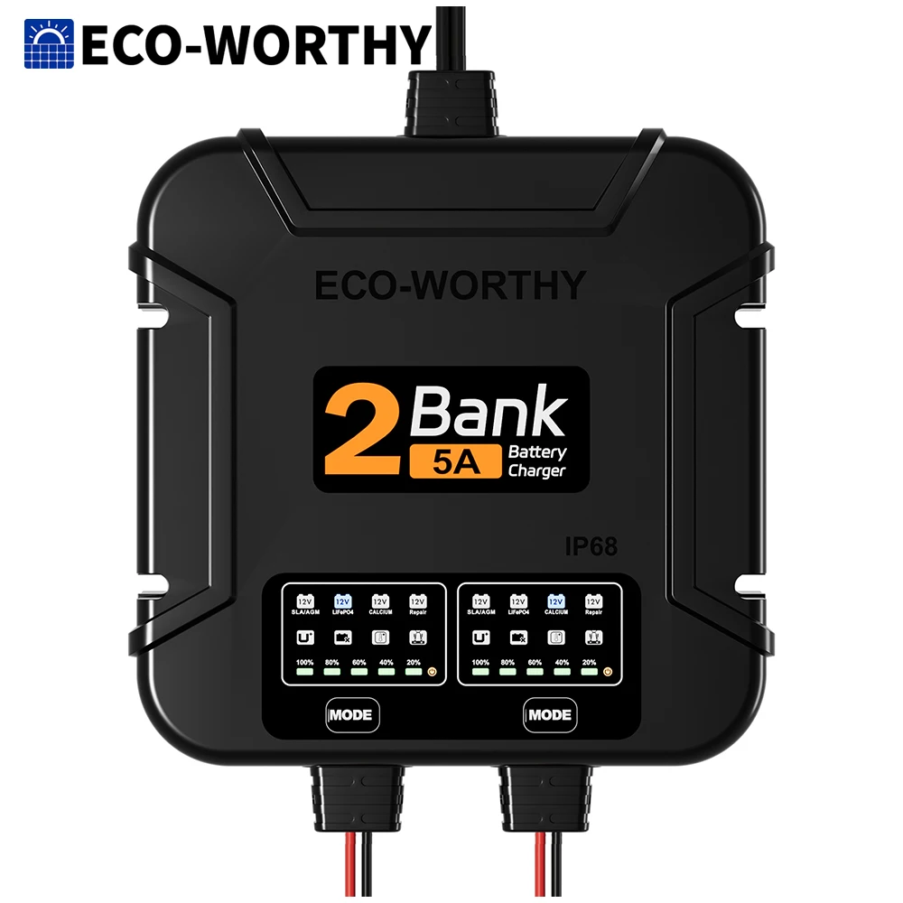 ECO-Worthy 2-Bank Marine Battery Charger 10A (5A/Bank), IP68 Waterproof 12V Charger & Maintainer for Boat RV Car
ECO-Worthy 2-Bank Marine Battery Charger 10A (5A/Bank), IP68 Waterproof 12V Charger & Maintainer for Boat RV Car