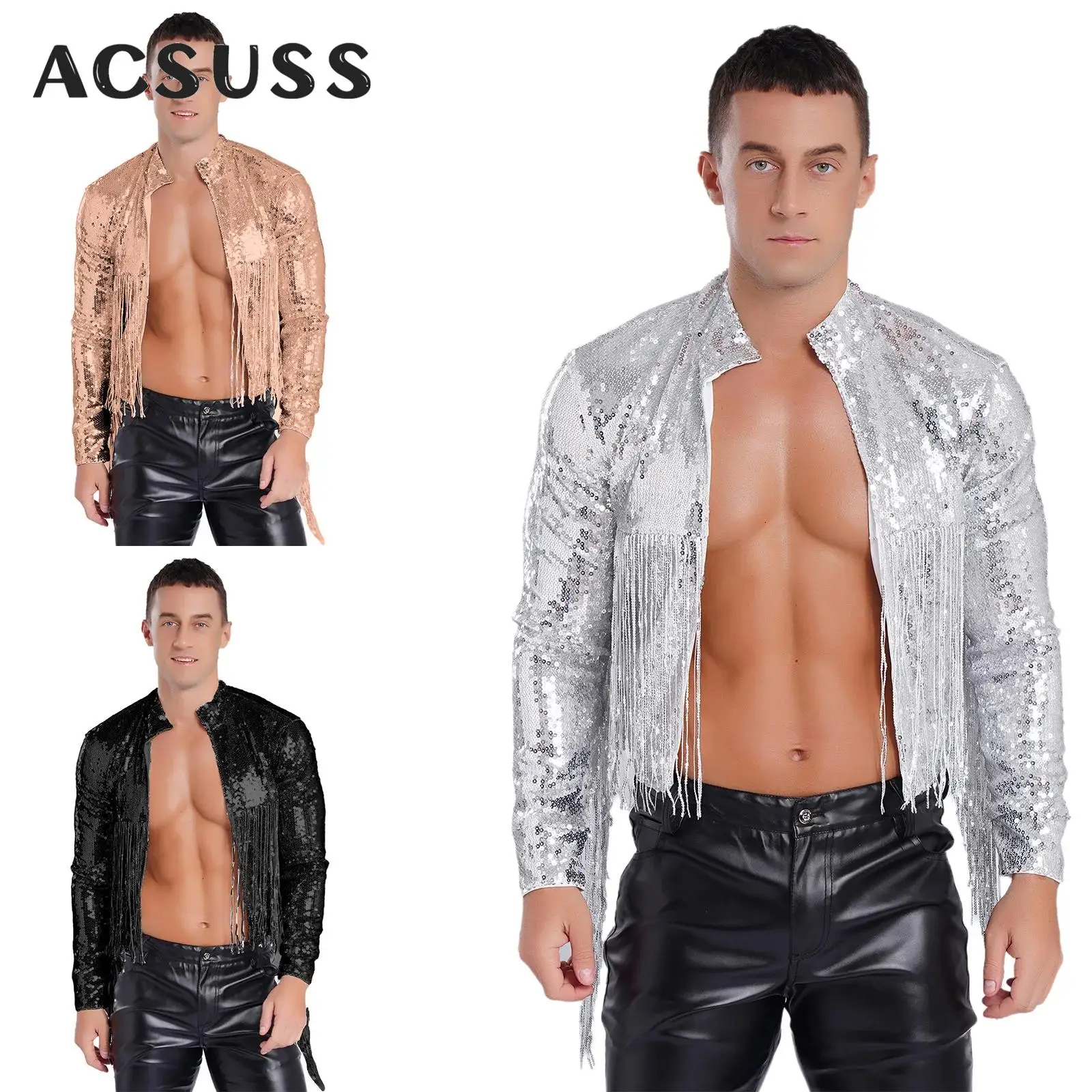 Mens Shiny Sequins Tassel Blazer Jackets Clubwear Long Sleeve Open Front Crop Coat Outerwear for Rave Disco Party Jazz Dance
Mens Shiny Sequins Tassel Blazer Jackets Clubwear Long Sleeve Open Front Crop Coat Outerwear for Rave Disco Party Jazz Dance