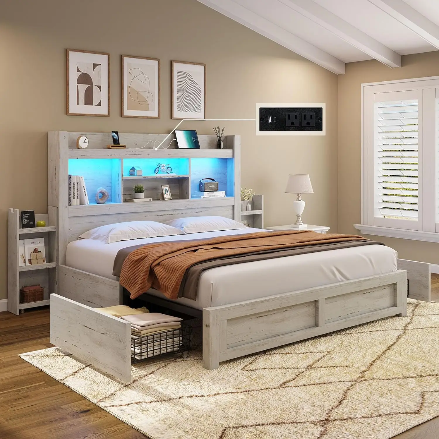 Деревянная платформа, кровать с зарядной станцией, двойная скользящая, не требуется пружина коробки/Состаренный белый 
Деревянная платформа, кровать с зарядной станцией, двойная скользящая, не требуется пружина коробки/Состаренный белый