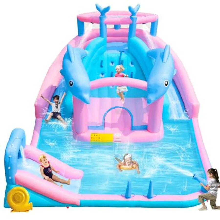 Inflatable Water Slide for backyard summer fun, PVC material, blue and yellow, includes splash pool, climbing wall, water canno
Inflatable Water Slide for backyard summer fun, PVC material, blue and yellow, includes splash pool, climbing wall, water canno