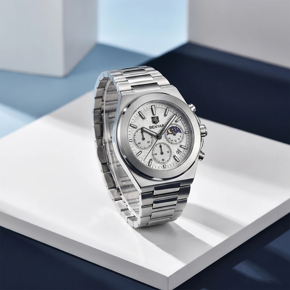 BENYAR Luxury Men Watch Moon Phase Chronograph Quartz Wristwatch StainlessSteel Bracelet Business Waterproof Luminous Male Watch
BENYAR Luxury Men Watch Moon Phase Chronograph Quartz Wristwatch StainlessSteel Bracelet Business Waterproof Luminous Male Watch
