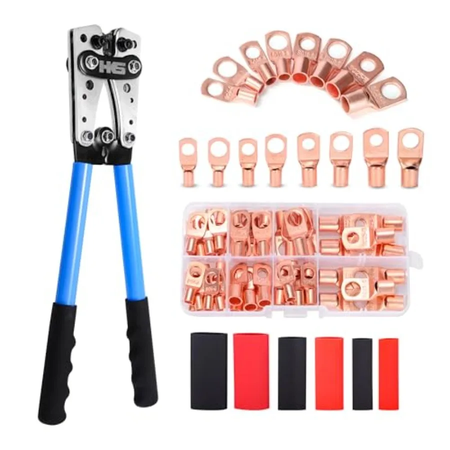 Battery Cable Crimping Tool Kit Heavy Duty Wire Crimper for AWG 10-1, Includes 60pcs Copper Ring Terminals and 60pcs 3:1 Heat S
Battery Cable Crimping Tool Kit Heavy Duty Wire Crimper for AWG 10-1, Includes 60pcs Copper Ring Terminals and 60pcs 3:1 Heat S