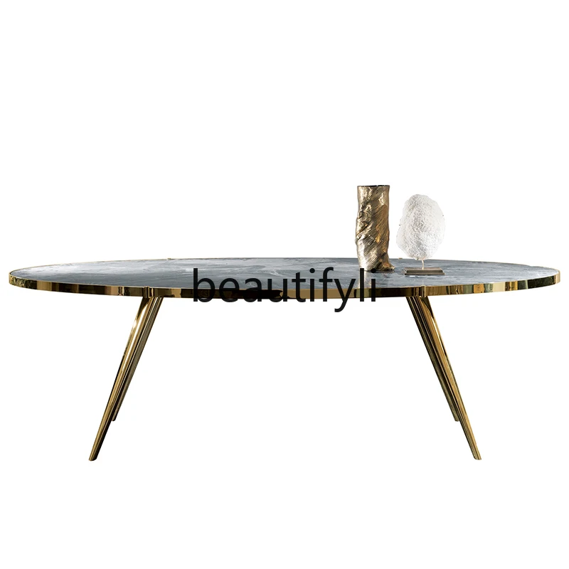 Light luxury stainless steel metal dining table oval marble dining table negotiation household dining table
Light luxury stainless steel metal dining table oval marble dining table negotiation household dining table