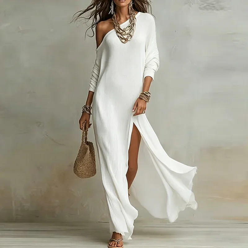 Spring One Shoulder Long Sleeve Holiday Dress Woman Sexy Skew Collar Split Bohemian Dress Elegant Solid Slim Casual Maxi Dresses
Spring One Shoulder Long Sleeve Holiday Dress Woman Sexy Skew Collar Split Bohemian Dress Elegant Solid Slim Casual Maxi Dresses