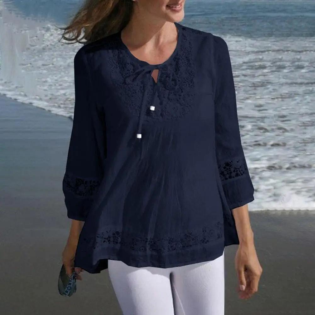 Women Lace Hem Shirt Elegant Lace Splicing Women's Casual Top with Three-quarter Sleeves Solid Color Loose Fit Pullover
Women Lace Hem Shirt Elegant Lace Splicing Women's Casual Top with Three-quarter Sleeves Solid Color Loose Fit Pullover