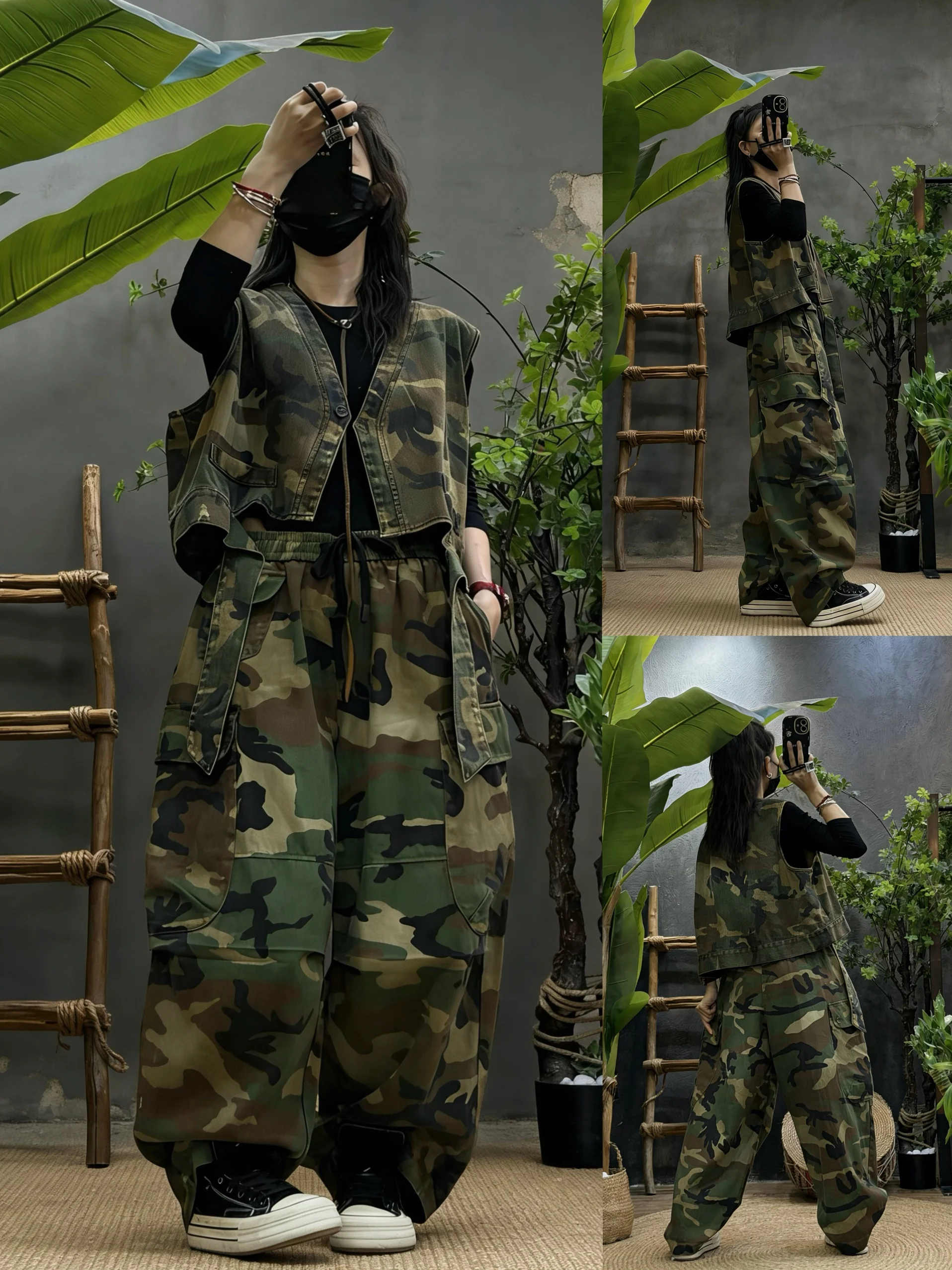 Retro Distressed Denim Camouflage Vest And Pants Set Women's Loose Wide Leg Pants Two Piece Set Spring New Style Fashion
Retro Distressed Denim Camouflage Vest And Pants Set Women's Loose Wide Leg Pants Two Piece Set Spring New Style Fashion
