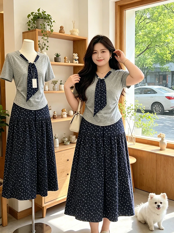 Summer 2026 plus Size Women's Fashion Set Sweet Ribbon Grey Short Sleeve Floral Half Skirt Two-Piece Suit Elegant Versatile
Summer 2026 plus Size Women's Fashion Set Sweet Ribbon Grey Short Sleeve Floral Half Skirt Two-Piece Suit Elegant Versatile
