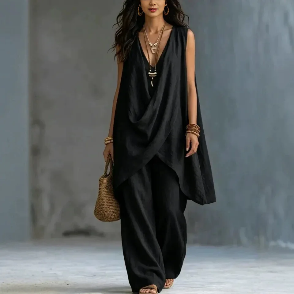 2026 Spring/summer Women's Sleeveless Stand Up Collar Solid Color Temperament Loose Cotton and Linen Two-piece Set
2026 Spring/summer Women's Sleeveless Stand Up Collar Solid Color Temperament Loose Cotton and Linen Two-piece Set
