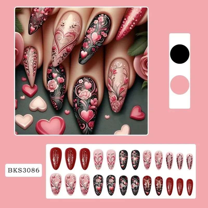 24PCS Romantic Pink Floral Vine Heart False Nails Valentine's Day Roses Black Almond Fake Nails for Women Press on Ins Nails Art
24PCS Romantic Pink Floral Vine Heart False Nails Valentine's Day Roses Black Almond Fake Nails for Women Press on Ins Nails Art
