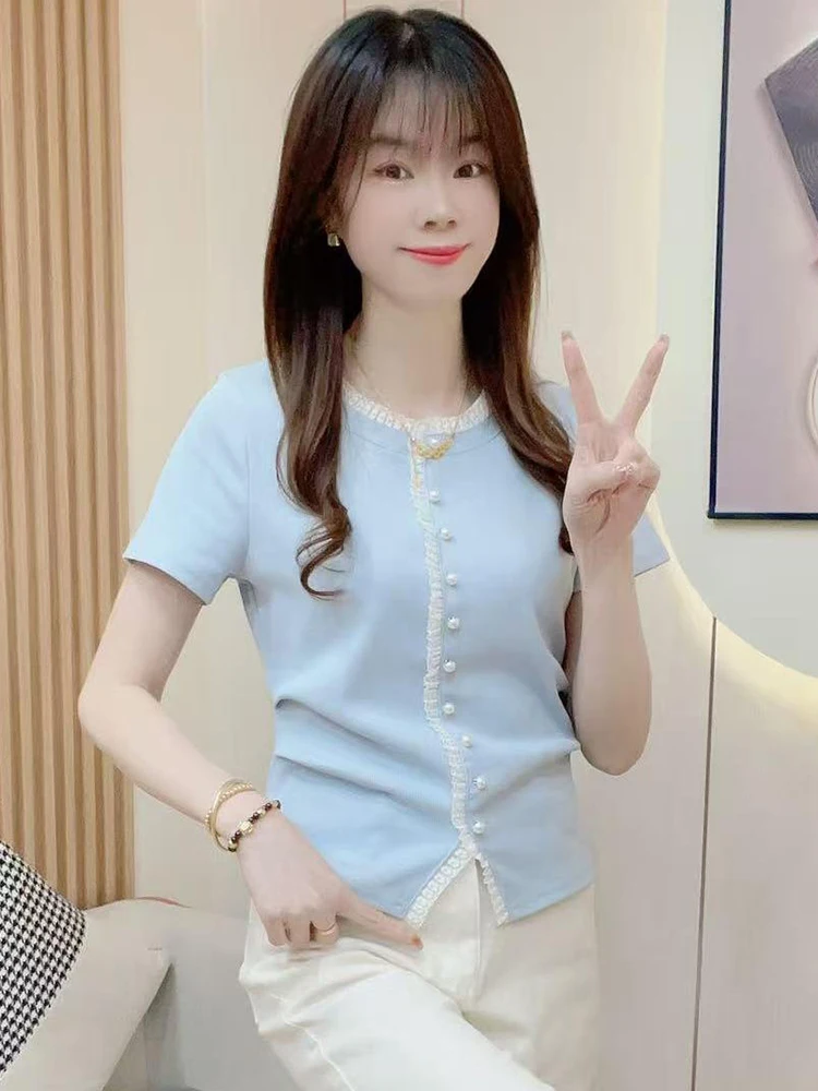 Faionable Splice Pearl Button ort Sve Slim Fit Женская футболка Летняя новинка Sle Cact Size Body irt Корейский Sle
Faionable Splice Pearl Button ort Sve Slim Fit Женская футболка Летняя новинка Sle Cact Size Body irt Корейский Sle