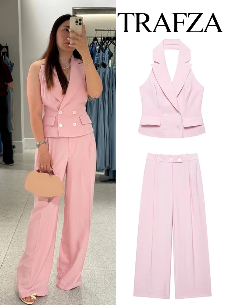 TRAFZA Women Solid V-Neck Sleeveless Double-Breasted Short Vest Top+Casual High Waist Pocket Zipper Trousers Fashion Pants Suit
TRAFZA Women Solid V-Neck Sleeveless Double-Breasted Short Vest Top+Casual High Waist Pocket Zipper Trousers Fashion Pants Suit