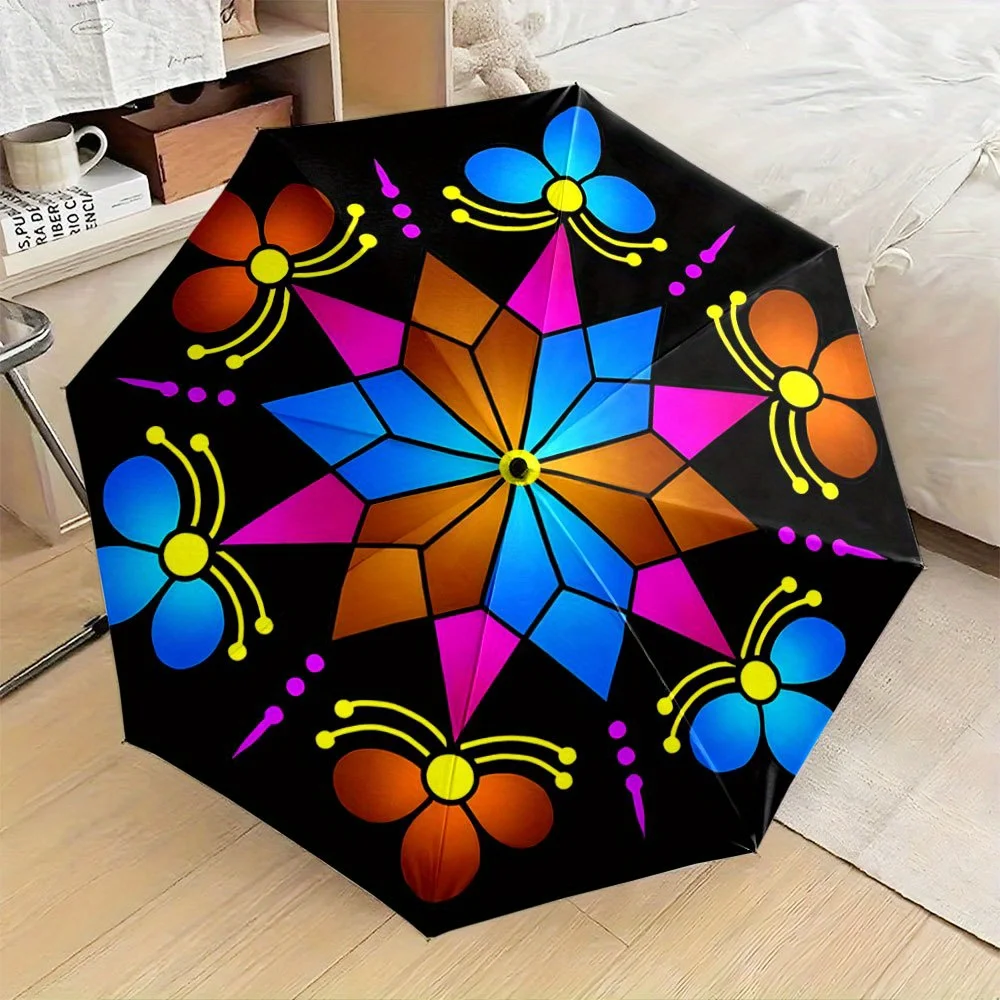 The Collapsible Umbrella Showcases a Detailed Geometric Design with a Balanced Star Pattern in Bright Blue, Orange, And Pink,
The Collapsible Umbrella Showcases a Detailed Geometric Design with a Balanced Star Pattern in Bright Blue, Orange, And Pink,