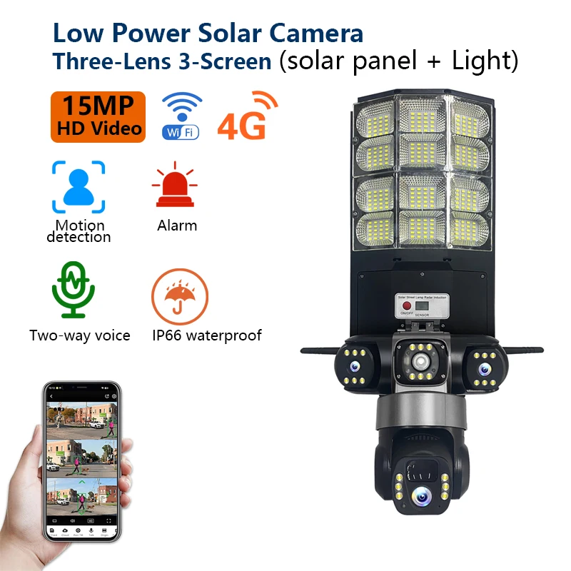 15MP 4G WIFI 3-Lens 3-Screen Camera Low Power Solar Camera Motion Detection Two-Way Voice Intercom Street Light Security Camera
15MP 4G WIFI 3-Lens 3-Screen Camera Low Power Solar Camera Motion Detection Two-Way Voice Intercom Street Light Security Camera