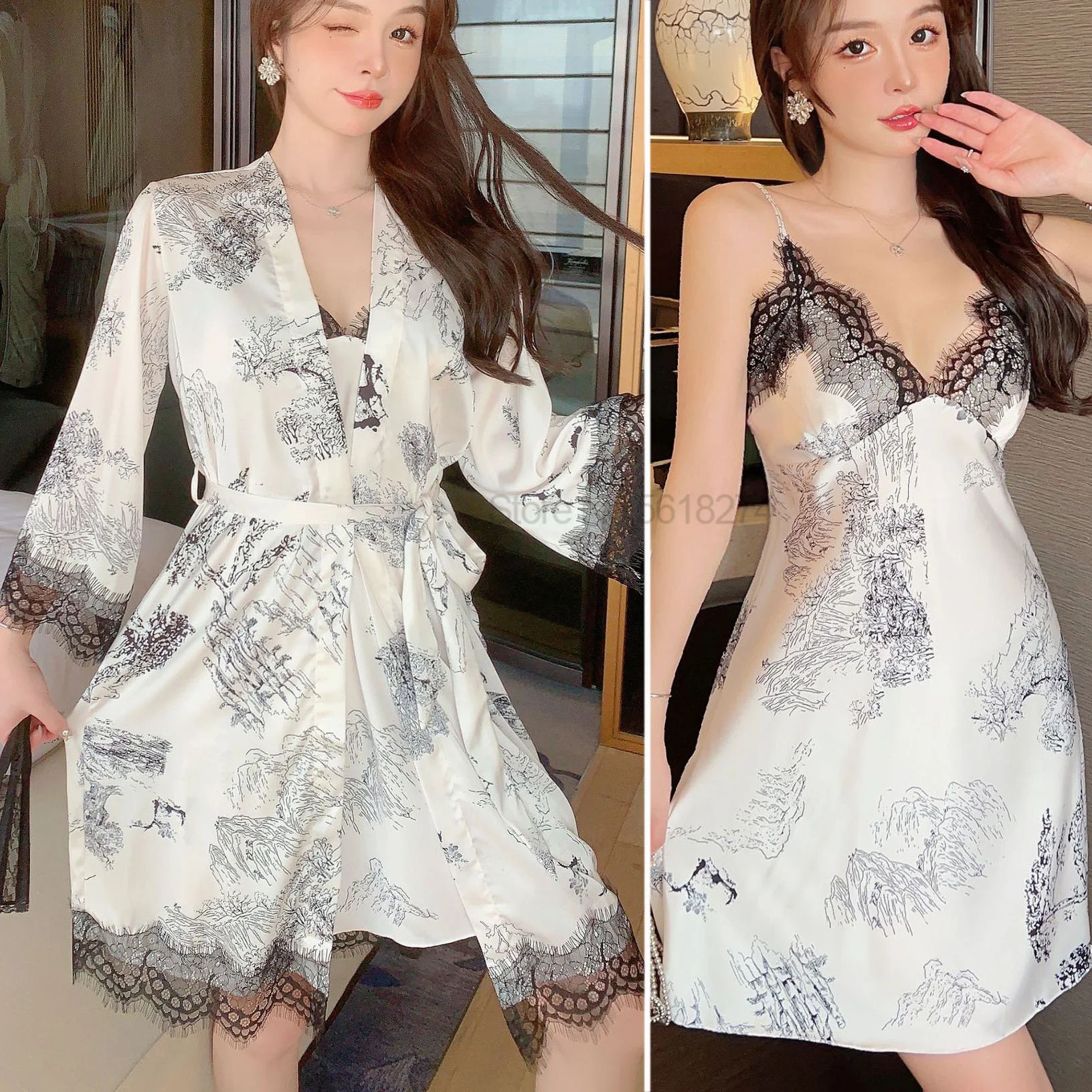 Chinese Ink Flower Robe Suit Women Satin Lace Sleepwear Printed Kimono Bathrobe Gown Sexy Nightwear V-Neck Retro Sleep Set
Chinese Ink Flower Robe Suit Women Satin Lace Sleepwear Printed Kimono Bathrobe Gown Sexy Nightwear V-Neck Retro Sleep Set