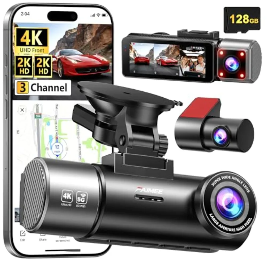 Car dash cam with 4K+2K+2K triple-channel recording, black ABS plastic housing, sleek black color, 170 wide angle, night vision
Car dash cam with 4K+2K+2K triple-channel recording, black ABS plastic housing, sleek black color, 170 wide angle, night vision