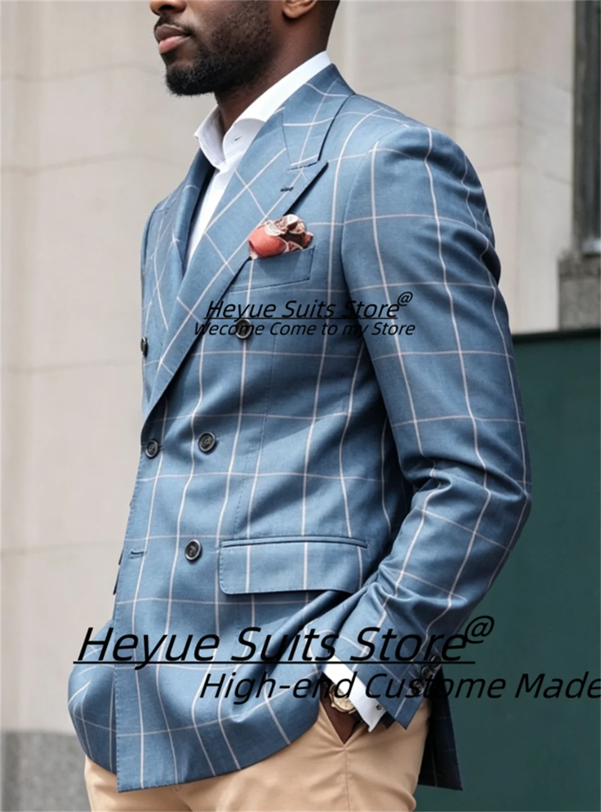 Business Plaid Sky Blue Men Suits Customized Slim Fit Double Breasted Groom Wedding Tuxedos 2 Pcs Sets Male Formal Prom Blazers
Business Plaid Sky Blue Men Suits Customized Slim Fit Double Breasted Groom Wedding Tuxedos 2 Pcs Sets Male Formal Prom Blazers