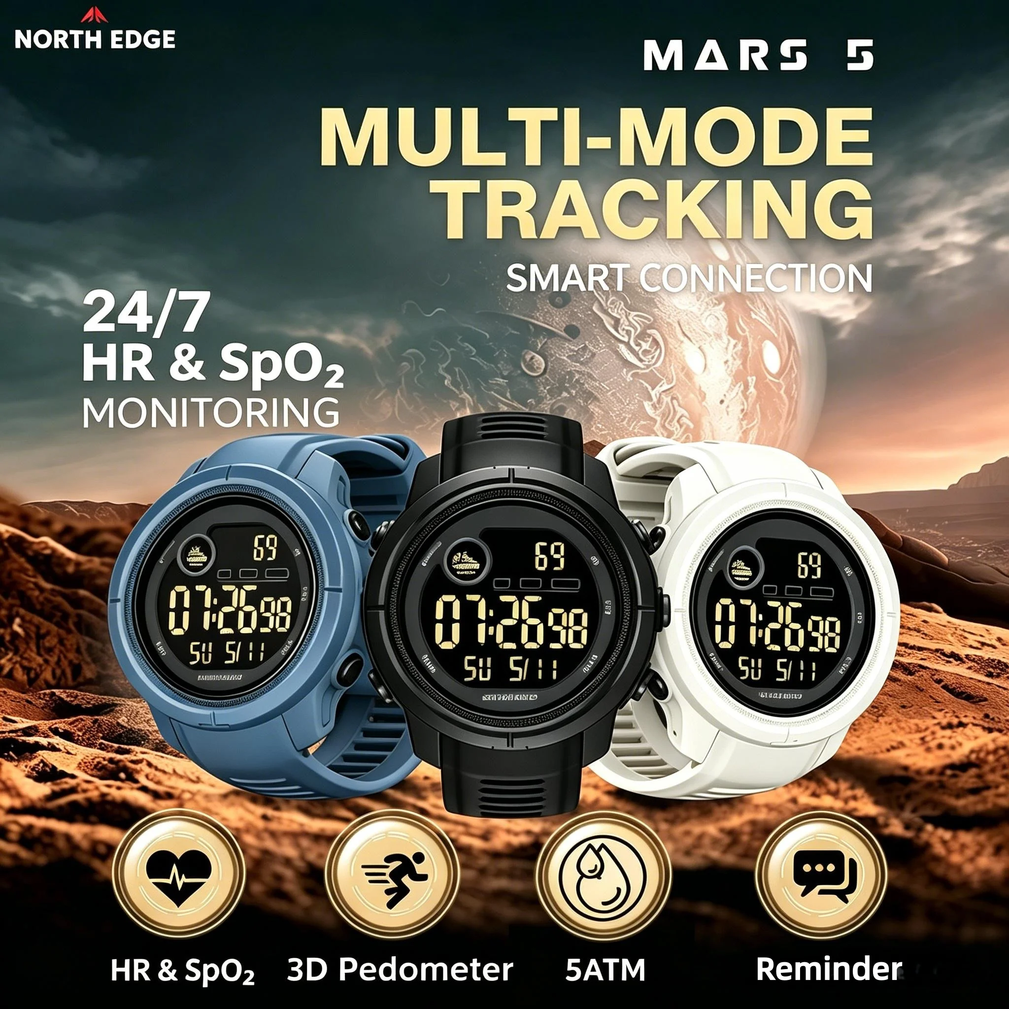 Мужские умные часы NNORTH EDGE Mars5: многофункциональные, светящиеся, с хронографом, измерением пульса и уровня кислорода в крови, водонепроницаемые до 50 м
Мужские умные часы NNORTH EDGE Mars5: многофункциональные, светящиеся, с хронографом, измерением пульса и уровня кислорода в крови, водонепроницаемые до 50 м