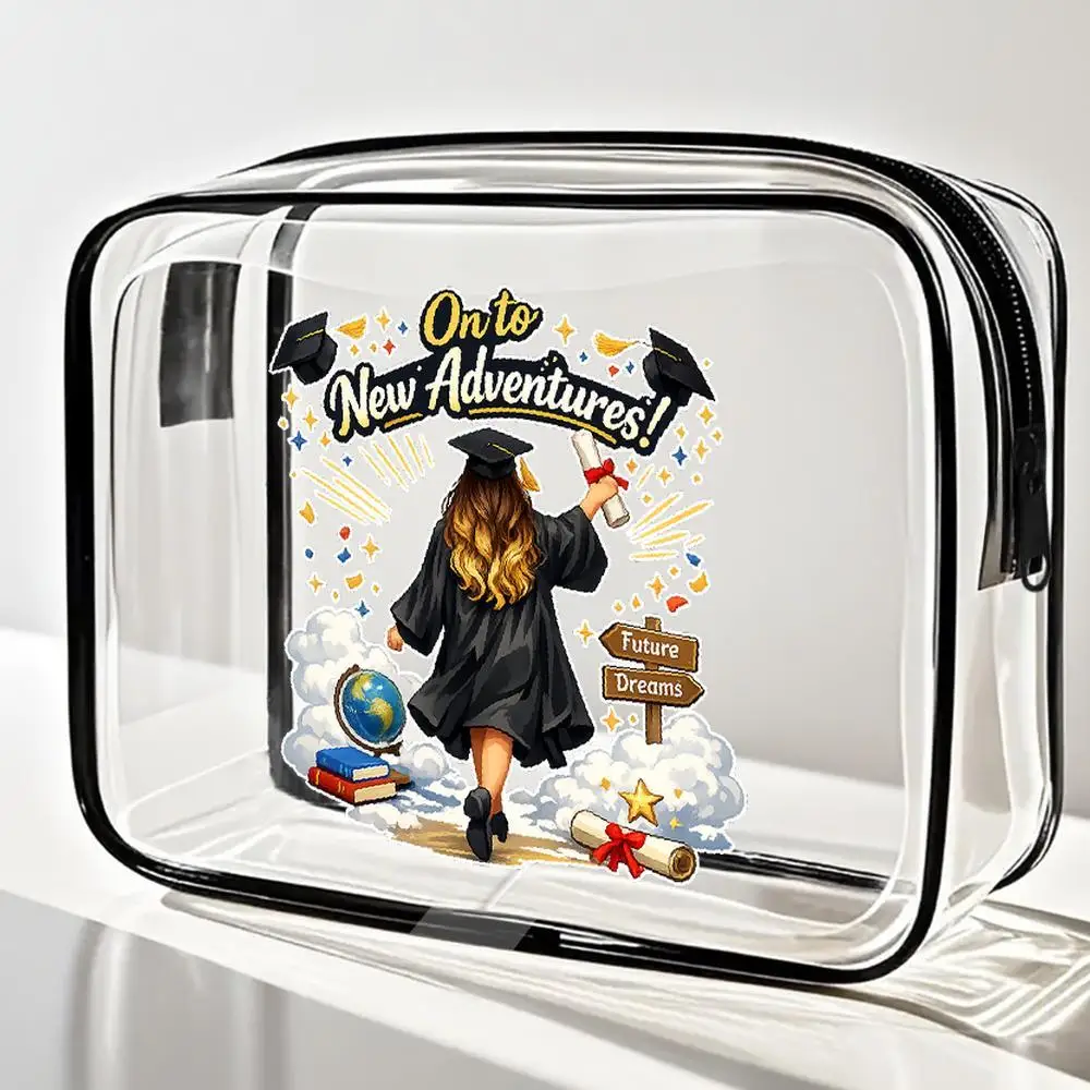 Travel Makeup Cases Graduation Girl Graphic Clear Cosmetic Bag Inspirational "On To New Adventures" Design With Grad Cap Diplom
Travel Makeup Cases Graduation Girl Graphic Clear Cosmetic Bag Inspirational "On To New Adventures" Design With Grad Cap Diplom