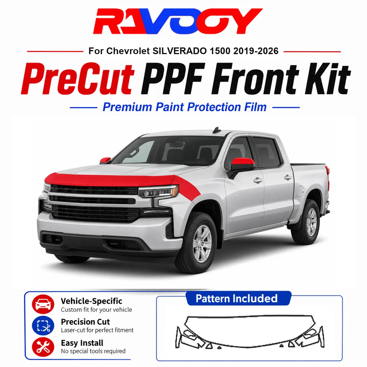 8.5mil TPU Precut PPF Kit For Chevrolet SILVERADO 1500 2019-2026 - Hood, Fenders & Mirror Set - Self-Healing Clear Bra Film
8.5mil TPU Precut PPF Kit For Chevrolet SILVERADO 1500 2019-2026 - Hood, Fenders & Mirror Set - Self-Healing Clear Bra Film