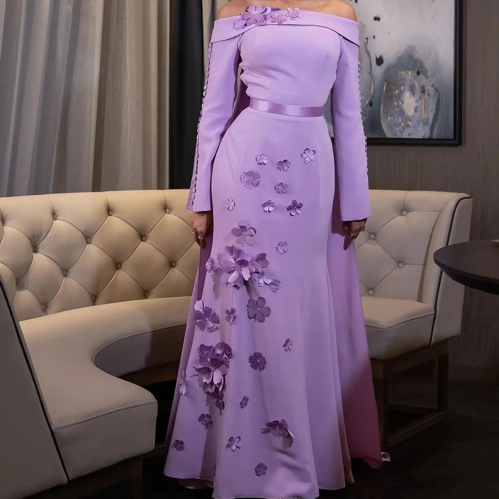 Purple Jersey Straight Ankle Length 3/4 Sleeves Off the Shoulder Evening Dress Elegant Pleats Flowers Sahes Buttons Party Gowns
Purple Jersey Straight Ankle Length 3/4 Sleeves Off the Shoulder Evening Dress Elegant Pleats Flowers Sahes Buttons Party Gowns