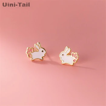 Uini-tail 티베트 실버 부드러운 여아용 귀여운 흰색 토끼 소녀 귀걸이, 섬세하고 작고 귀여운 동물 귀걸이, 925 신상, 핫 세일
