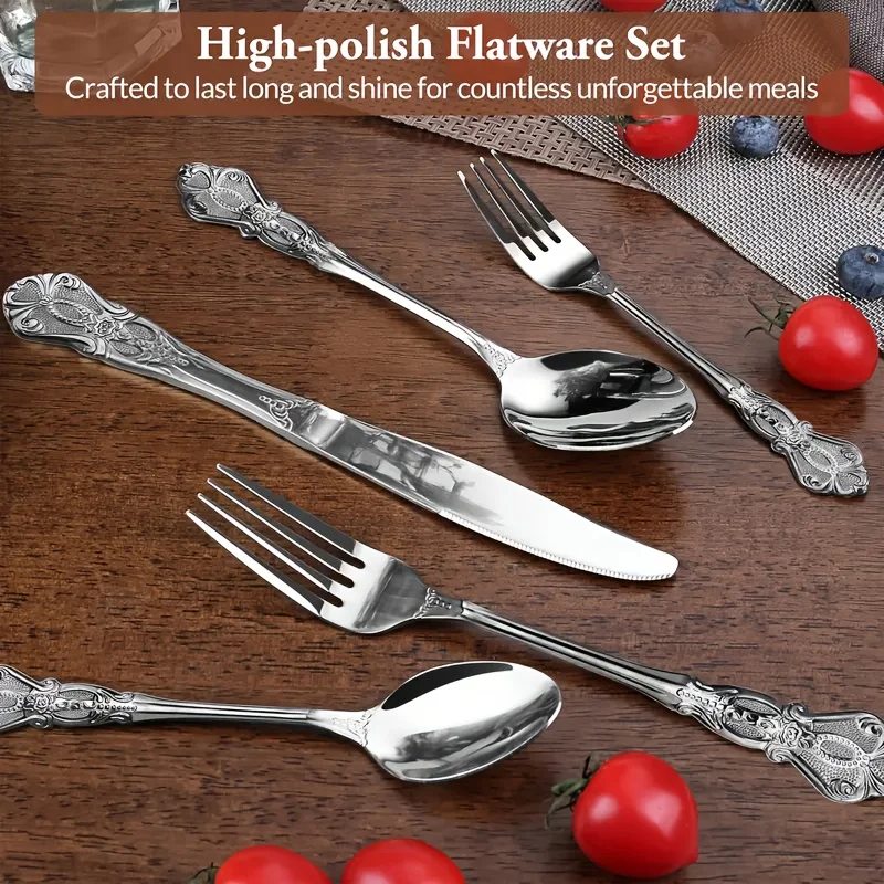 60pcs Premium Cutlery Set Featuring Silvery -Grade Stainless Steel Utensils Including Knives, Forks, And Spoons. It Has a Mirror
60pcs Premium Cutlery Set Featuring Silvery -Grade Stainless Steel Utensils Including Knives, Forks, And Spoons. It Has a Mirror