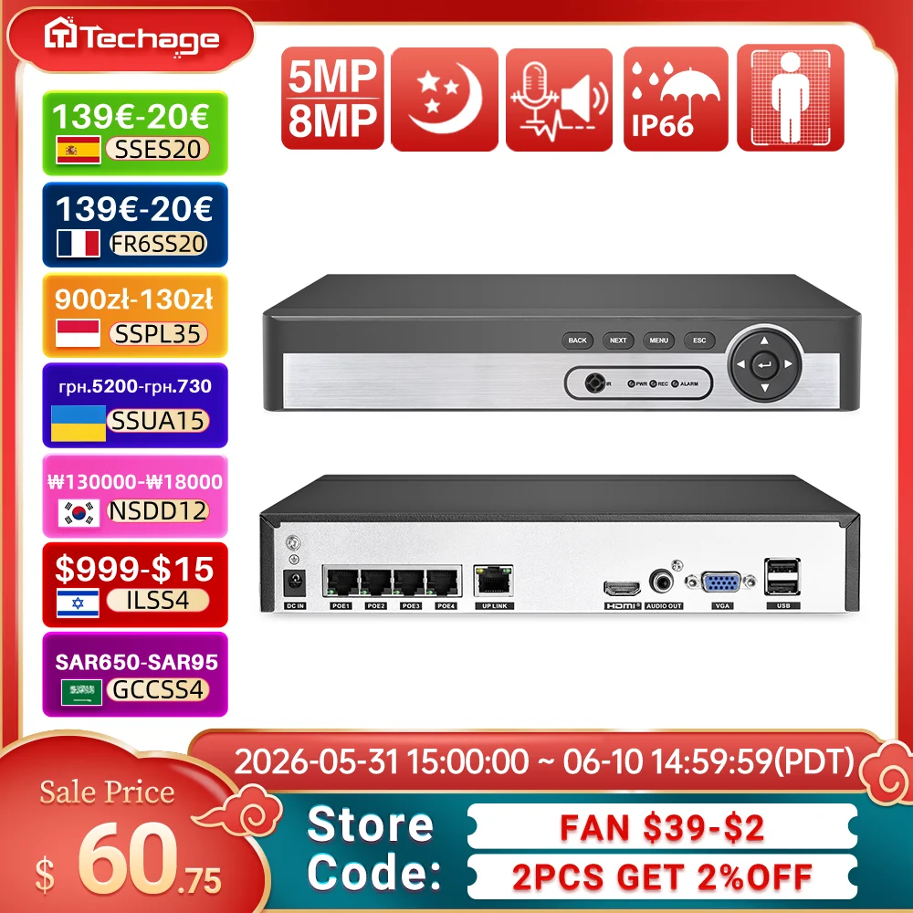 Techage 8CH 4K PoE NVR H.265 8MP 5MP 4MP Network Video Recorder 2Way Audio For Surveillance System Face Tracking Security Camera
Techage 8CH 4K PoE NVR H.265 8MP 5MP 4MP Network Video Recorder 2Way Audio For Surveillance System Face Tracking Security Camera