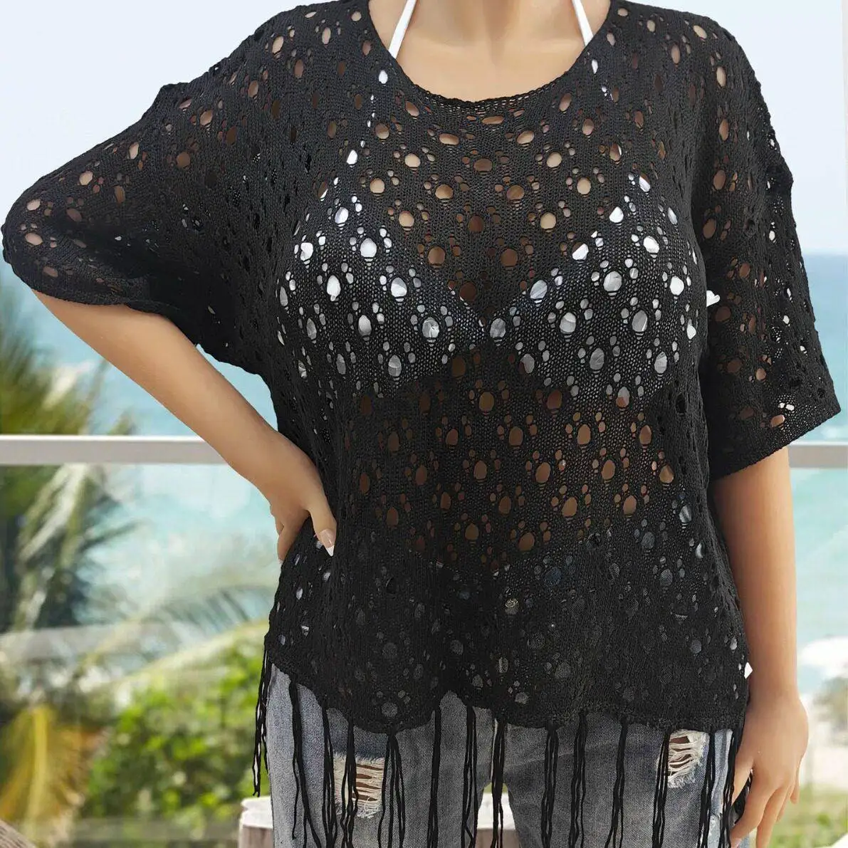 Women's plus Size T-Shirt Sexy Hollow out Fringe Splicing Machine Woven Short Sleeve Cover up City Walk Cotton round Neck
Women's plus Size T-Shirt Sexy Hollow out Fringe Splicing Machine Woven Short Sleeve Cover up City Walk Cotton round Neck